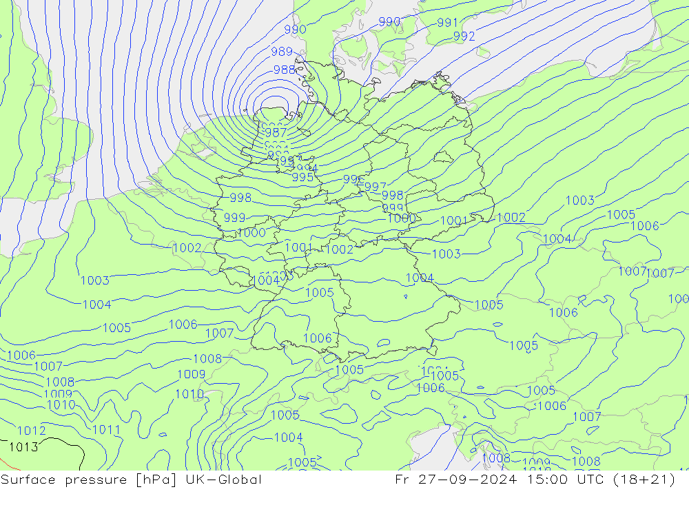 Surface pressure UK-Global Fr 27.09.2024 15 UTC