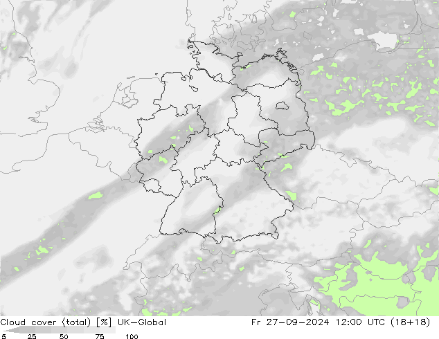 Bewolking (Totaal) UK-Global vr 27.09.2024 12 UTC