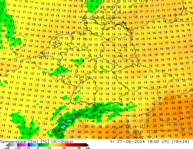 Temperaturkarte (2m) UK-Global Fr 27.09.2024 18 UTC