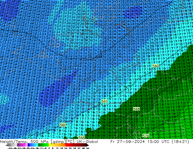 Hoogte/Temp. 500 hPa UK-Global vr 27.09.2024 15 UTC