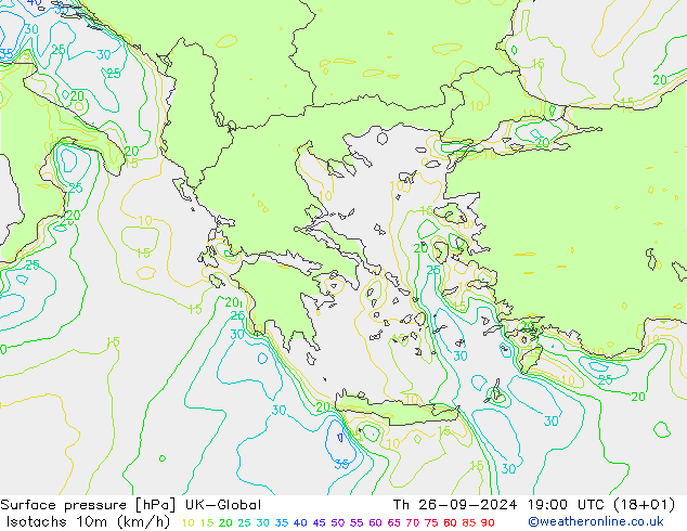 Isotachs (kph) UK-Global Th 26.09.2024 19 UTC