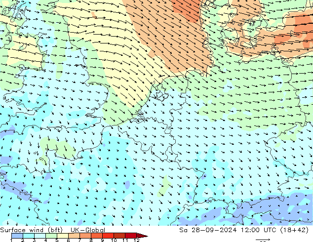 Vent 10 m (bft) UK-Global sam 28.09.2024 12 UTC