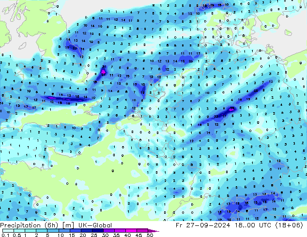 Precipitation (6h) UK-Global Fr 27.09.2024 00 UTC