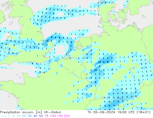 Precipitation accum. UK-Global чт 26.09.2024 19 UTC