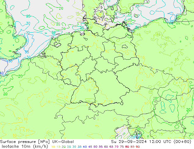 Isotachen (km/h) UK-Global zo 29.09.2024 12 UTC