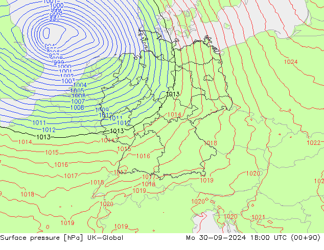 Surface pressure UK-Global Mo 30.09.2024 18 UTC