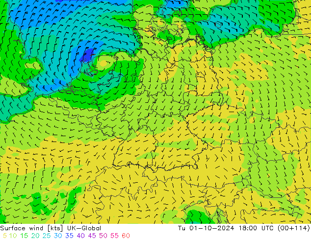 Surface wind UK-Global Tu 01.10.2024 18 UTC