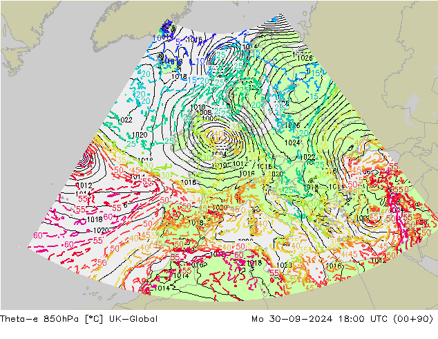 Theta-e 850hPa UK-Global 星期一 30.09.2024 18 UTC