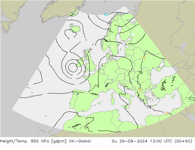 Hoogte/Temp. 950 hPa UK-Global zo 29.09.2024 12 UTC