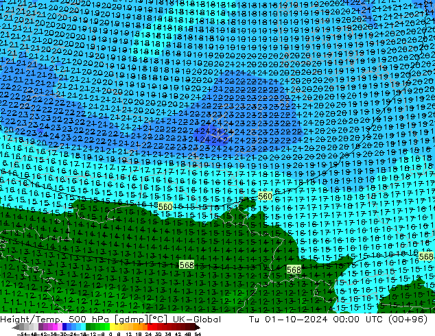 Height/Temp. 500 hPa UK-Global Út 01.10.2024 00 UTC