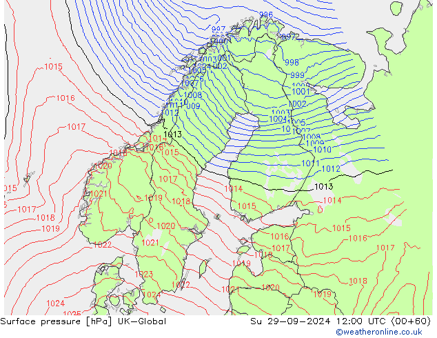 Surface pressure UK-Global Su 29.09.2024 12 UTC