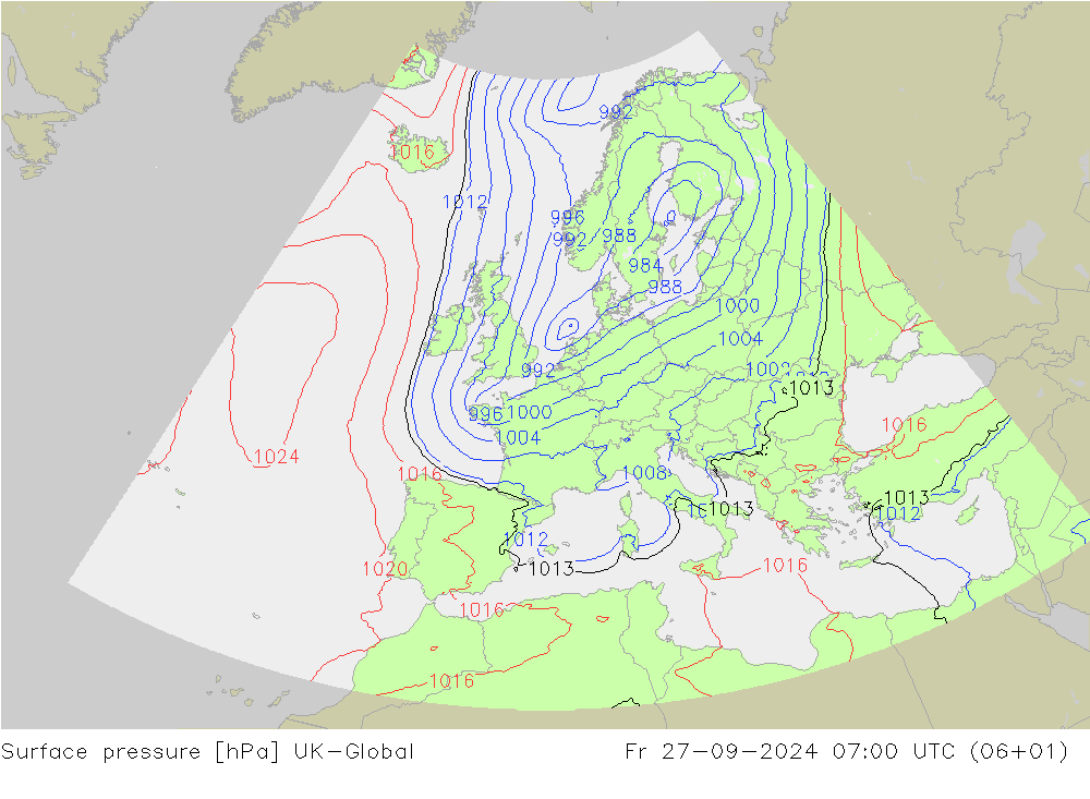 地面气压 UK-Global 星期五 27.09.2024 07 UTC