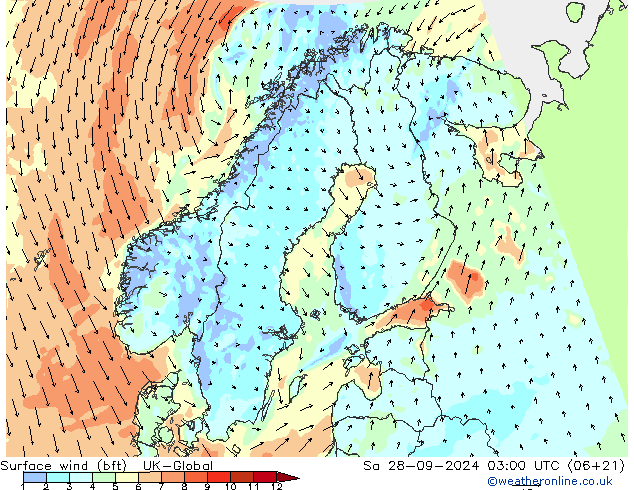 Wind 10 m (bft) UK-Global za 28.09.2024 03 UTC