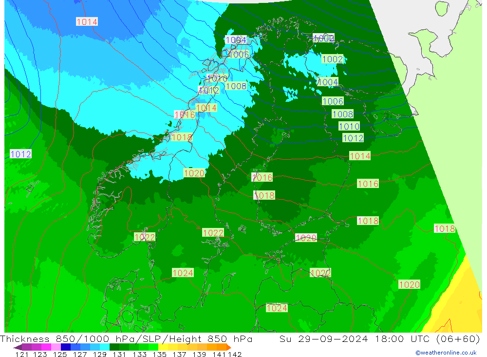 Thck 850-1000 hPa UK-Global 星期日 29.09.2024 18 UTC