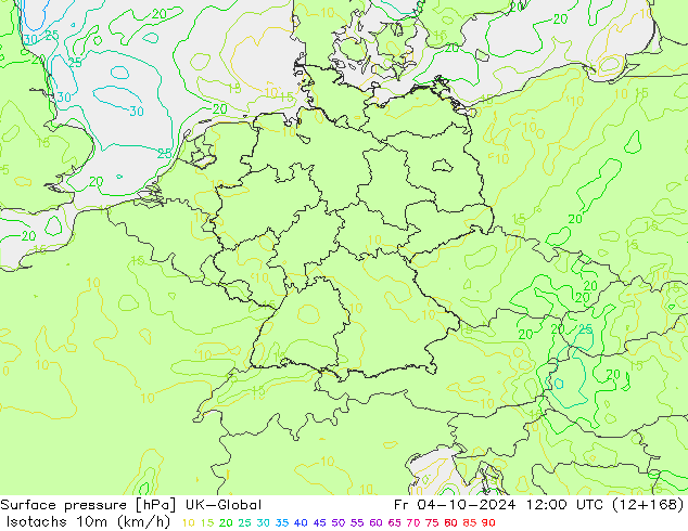 10米等风速线 (kph) UK-Global 星期五 04.10.2024 12 UTC