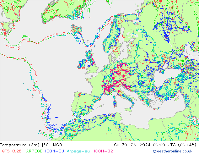 Temperatuurkaart (2m) MOD zo 30.06.2024 00 UTC