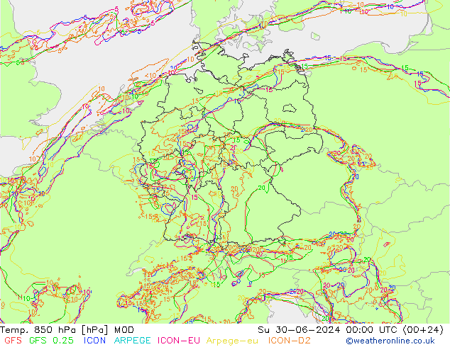 Temp. 850 hPa MOD 星期日 30.06.2024 00 UTC
