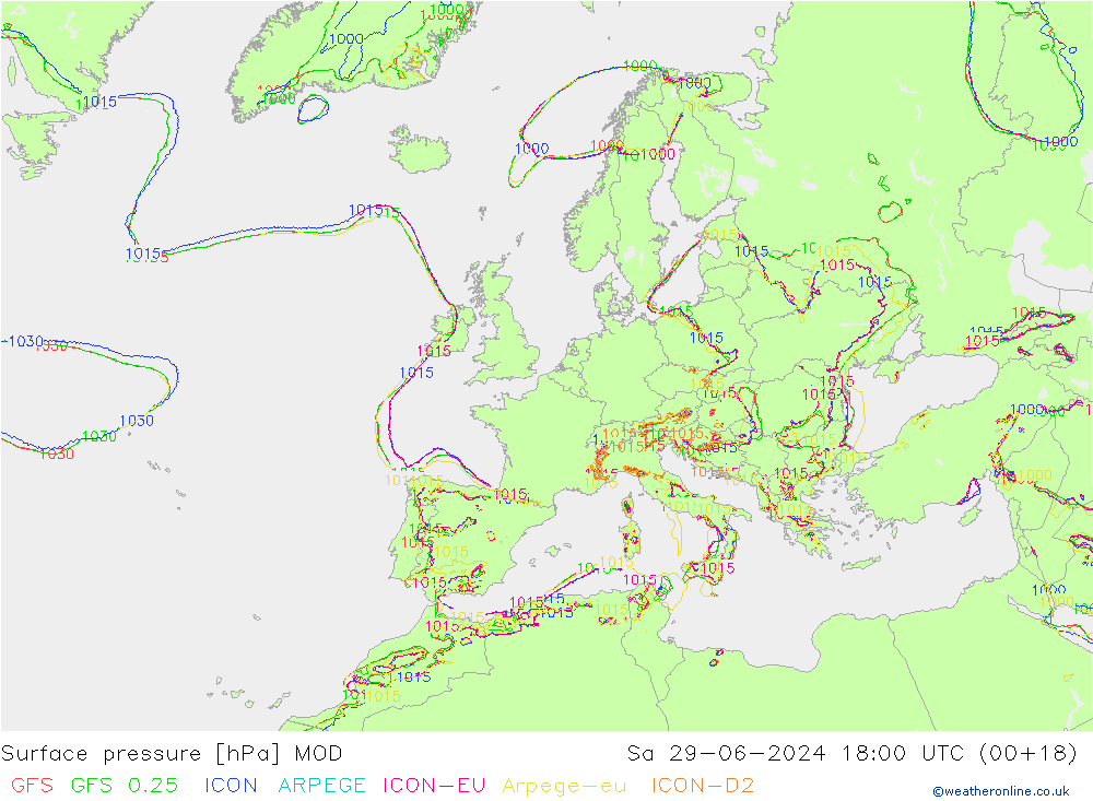 地面气压 MOD 星期六 29.06.2024 18 UTC