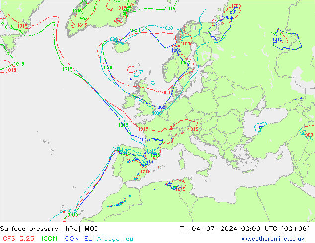 地面气压 MOD 星期四 04.07.2024 00 UTC