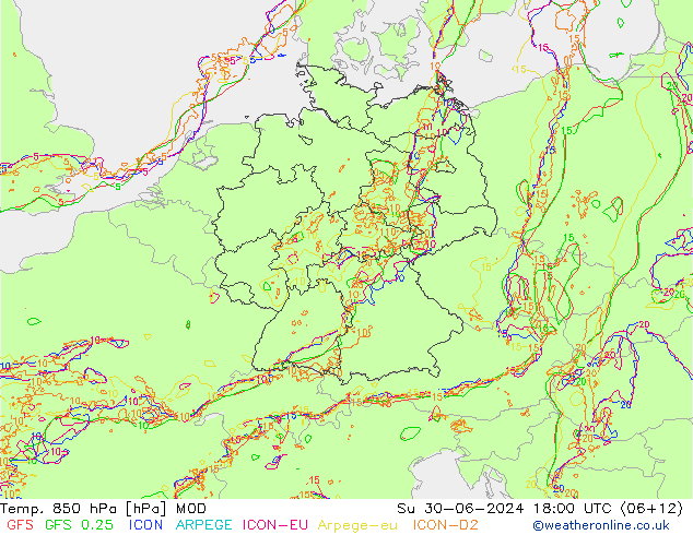 Temp. 850 hPa MOD 星期日 30.06.2024 18 UTC