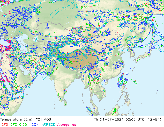 Temperatuurkaart (2m) MOD do 04.07.2024 00 UTC