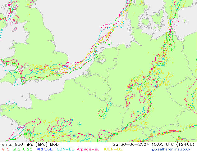 Temp. 850 hPa MOD 星期日 30.06.2024 18 UTC