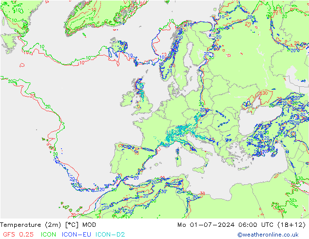 Temperatuurkaart (2m) MOD ma 01.07.2024 06 UTC