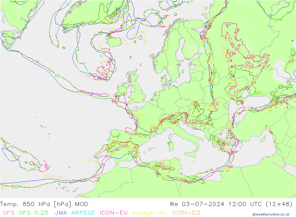 Temp. 850 hPa MOD wo 03.07.2024 12 UTC