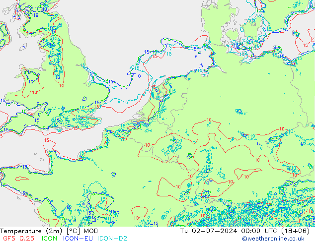 Temperatuurkaart (2m) MOD di 02.07.2024 00 UTC