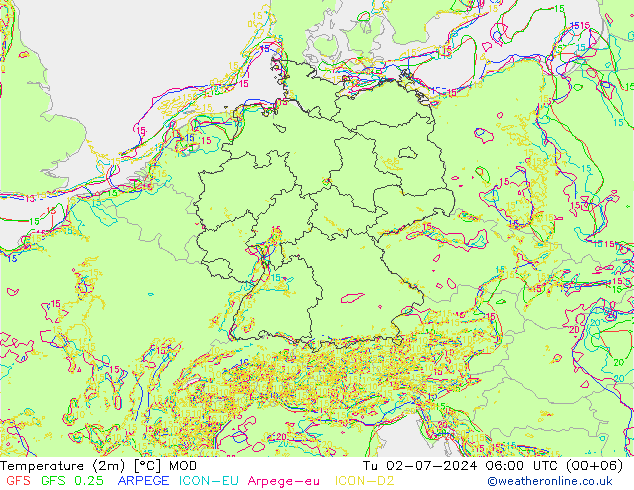 Temperatuurkaart (2m) MOD di 02.07.2024 06 UTC