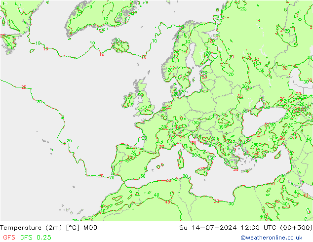 Temperatuurkaart (2m) MOD zo 14.07.2024 12 UTC