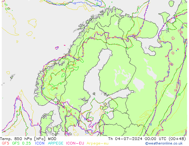 Temp. 850 hPa MOD 星期四 04.07.2024 00 UTC