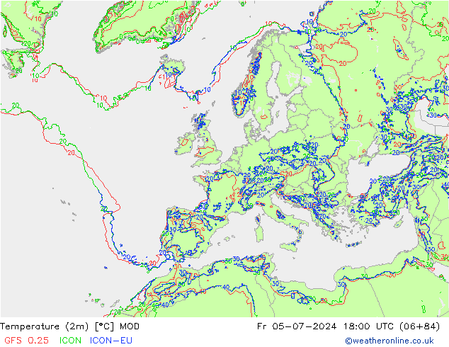 Temperatuurkaart (2m) MOD vr 05.07.2024 18 UTC