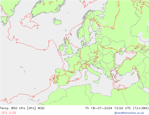 Temp. 850 hPa MOD 星期四 18.07.2024 12 UTC