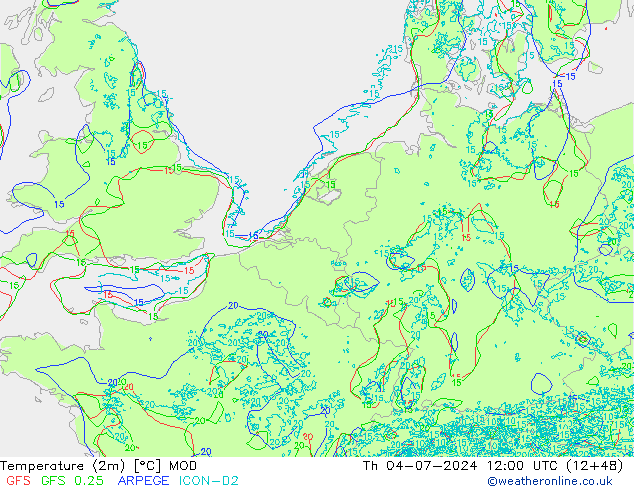 Temperatuurkaart (2m) MOD do 04.07.2024 12 UTC
