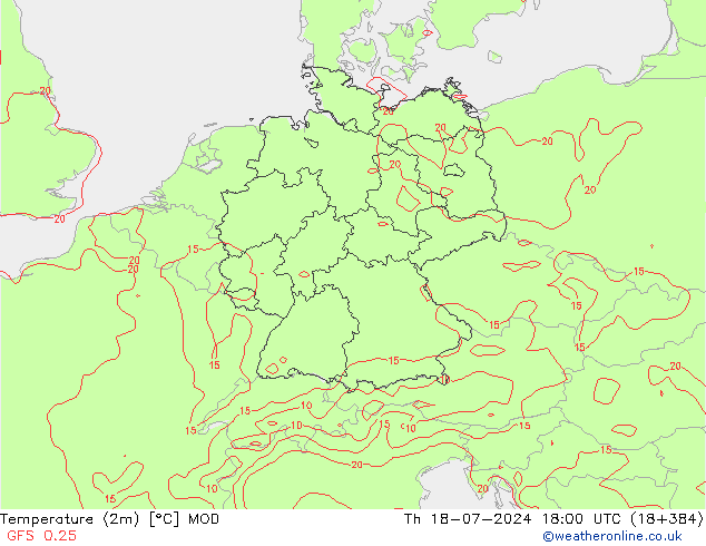 Temperatuurkaart (2m) MOD do 18.07.2024 18 UTC