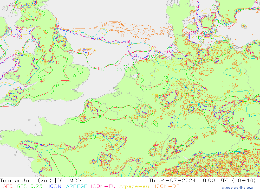 温度图 MOD 星期四 04.07.2024 18 UTC
