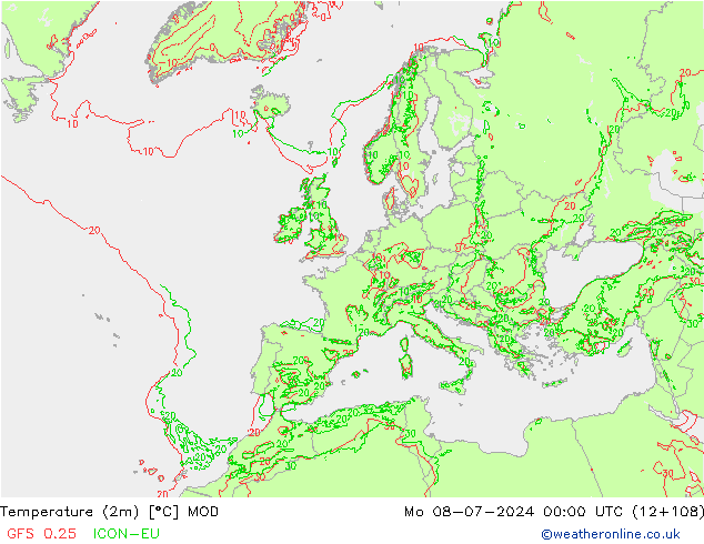 Temperatuurkaart (2m) MOD ma 08.07.2024 00 UTC