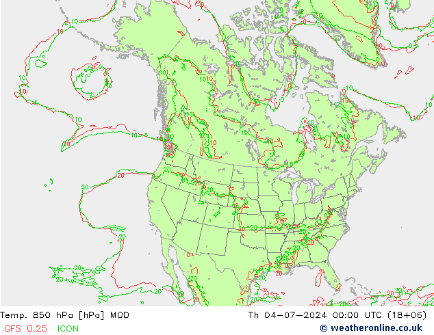Temp. 850 hPa MOD 星期四 04.07.2024 00 UTC