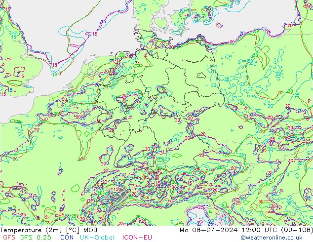 Temperatuurkaart (2m) MOD ma 08.07.2024 12 UTC