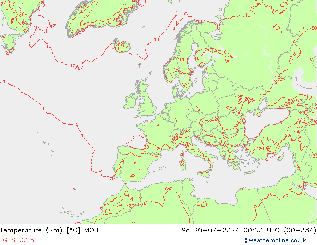Temperatuurkaart (2m) MOD za 20.07.2024 00 UTC