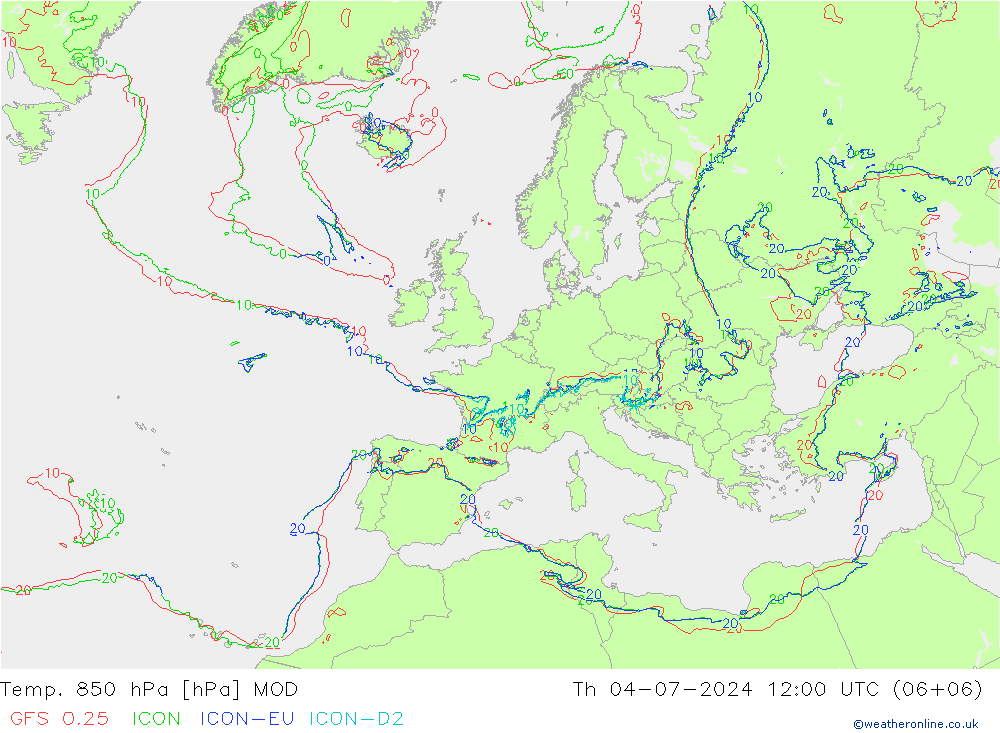 Temp. 850 hPa MOD 星期四 04.07.2024 12 UTC