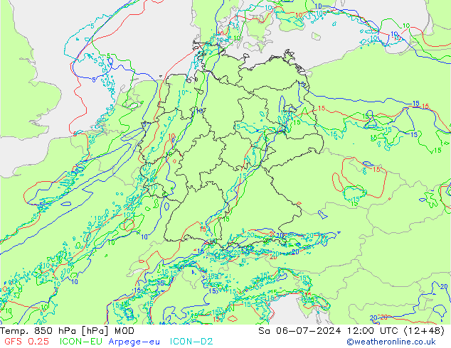 Temp. 850 hPa MOD 星期六 06.07.2024 12 UTC