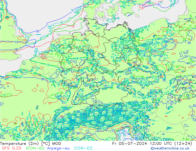 Temperatuurkaart (2m) MOD vr 05.07.2024 12 UTC