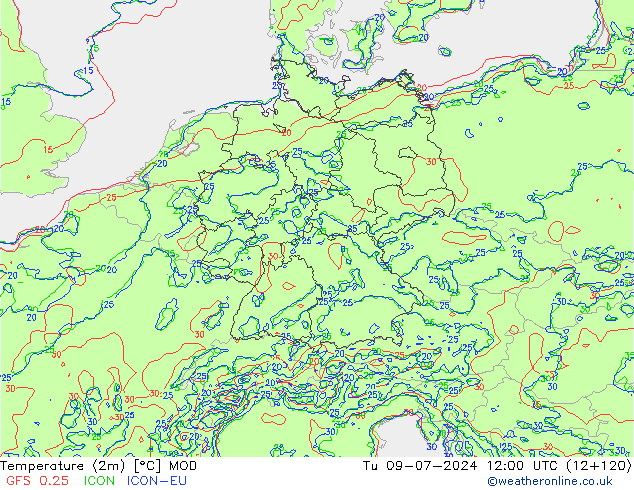 温度图 MOD 星期二 09.07.2024 12 UTC