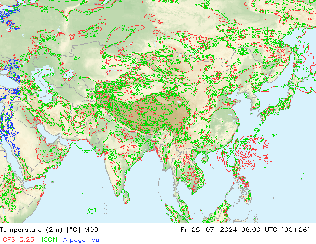 Temperatuurkaart (2m) MOD vr 05.07.2024 06 UTC