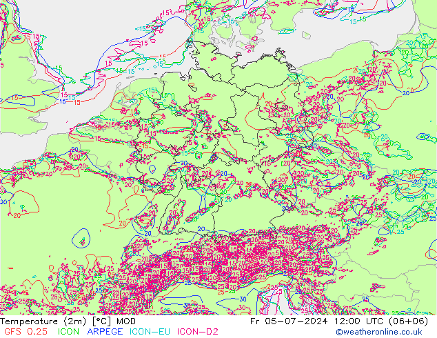 Temperatuurkaart (2m) MOD vr 05.07.2024 12 UTC