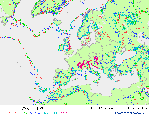 Temperatuurkaart (2m) MOD za 06.07.2024 00 UTC