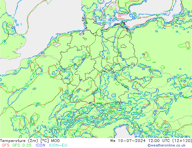 Temperatuurkaart (2m) MOD wo 10.07.2024 12 UTC