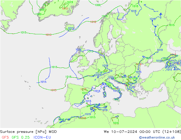 地面气压 MOD 星期三 10.07.2024 00 UTC